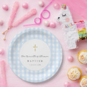 Baby Blau Gingham Taufpapier  Pappteller (Party)