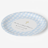 Baby Blau Gingham Taufpapier  Pappteller (Schrägansicht)