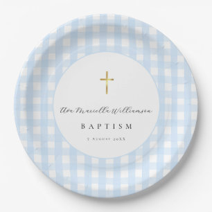 Baby Blau Gingham Taufpapier Pappteller
