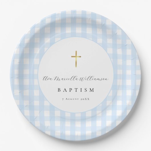 Baby Blau Gingham Taufpapier  Pappteller (Vorderseite)