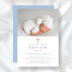Baby Blau Religiöses Kreuz Jungen Foto Taufe Einladung