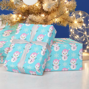 Baby Blau, Rosa und Weißer Weihnachts-Schneemann Geschenkpapier