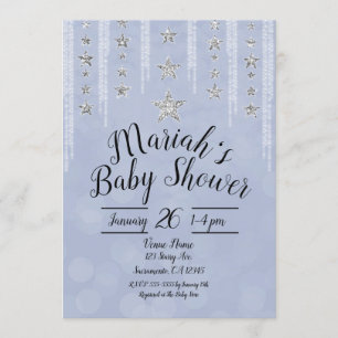 Baby Blau & Silber Glitter Sterne Babyparty Einladung