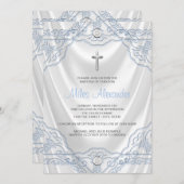 Baby-Blau-Taufe-Taufweiß-Satin Einladung (Vorne/Hinten)