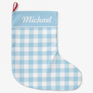 Baby-Blau-und Weiß-Gingham personalisiert Großer Weihnachtsstrumpf