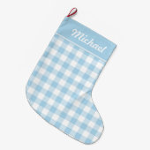 Baby-Blau-und Weiß-Gingham personalisiert Großer Weihnachtsstrumpf (Vorderansicht (hängend))