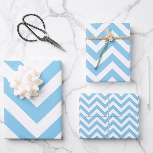 Baby Blau und Weiß Unterschiedliche Größen Zickzac Geschenkpapier Set (Vorderseite)