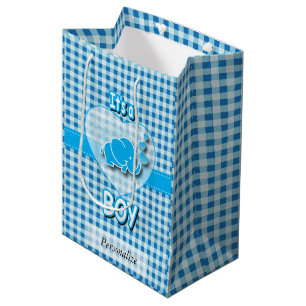 Baby-Blau-und weißerkarierter Baby-Elefant Mittlere Geschenktüte