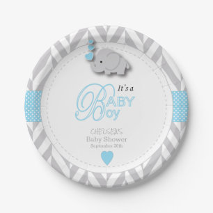 Baby-Blau, weiße graue Elefant-Babyparty Pappteller