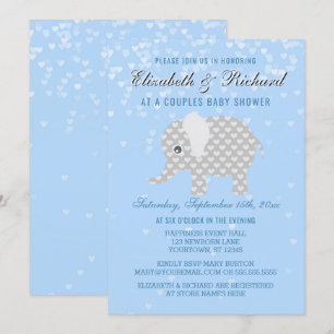 Baby-blaues Grau-Elefant-Herz-Paar-Babyparty Einladung