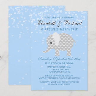 Baby-blaues Grau-Elefant-Herz-Paar-Babyparty Einladung