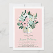 Baby Block Blume Pink Mint Babydusche Einladung (Vorderseite)