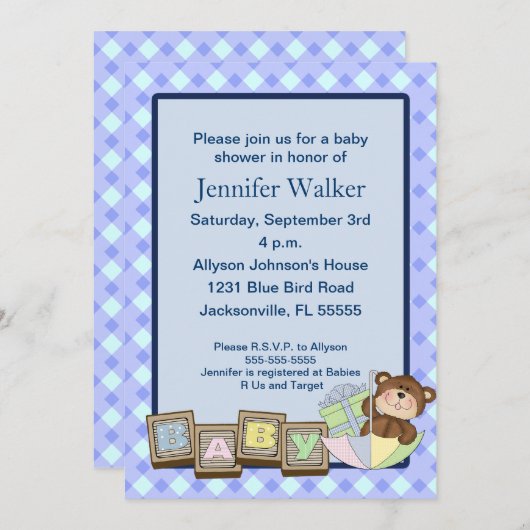 Baby Blocks Baby Dusche - Blau Einladung (Vorne/Hinten)