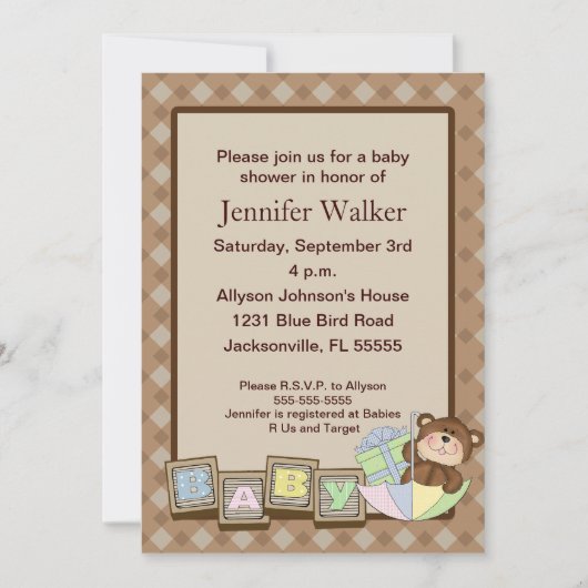 Baby Blocks Baby Dusche - Braun Einladung (Vorderseite)