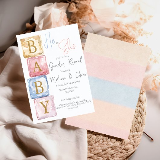 Baby Blocks Gender Reveal He or She baby shower Einladung