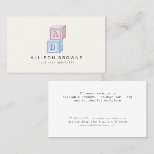 Baby Blocks Monogram Chilcare, Babysitter Card II Visitenkarte (Vorne/Hinten)