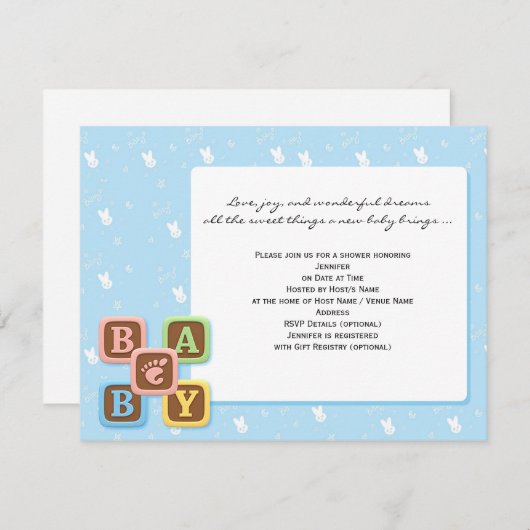 Baby Blocks on Blue Baby Shower Einladung (Vorne/Hinten)