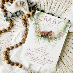 Baby Bloom Floral Woodland Bear Baby Girl Dusche Einladung