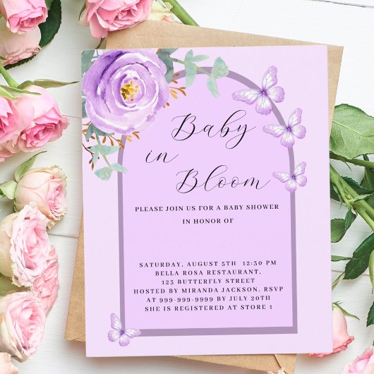 Baby Bloom lila Schmetterling Baby Dusche Einladun