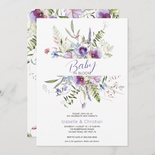 Baby Bloom Wildblumen Botanisch Rustikal Einladung (Vorne/Hinten)