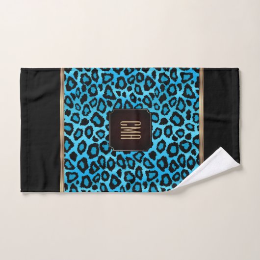 Baby Blue and Black Leopard Muster mit Monogram Badhandtuch Set (Handtuch)