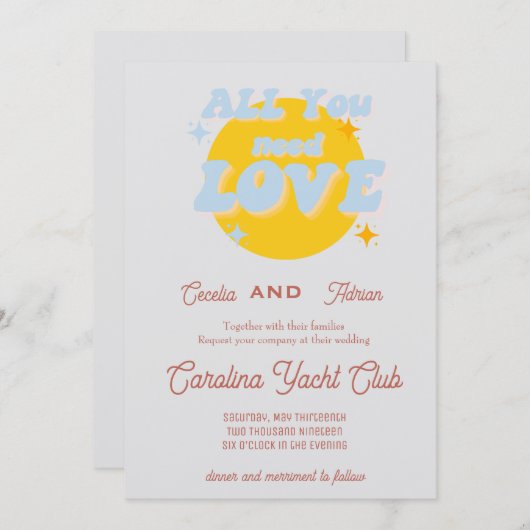 Baby Blue and Yellow Retro Hochzeitseinladung Einladung (Vorne/Hinten)