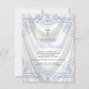 Baby Blue Baptisse Christening White Satin Einladung