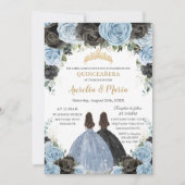 Baby Blue Black Floral Twins Gold Quinceañera XV Einladung (Vorderseite)