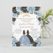 Baby Blue Black Floral Twins Gold Quinceañera XV Einladung (Stehend Vorderseite)
