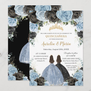 Baby Blue Black Floral Twins Gold Quinceañera XV Einladung