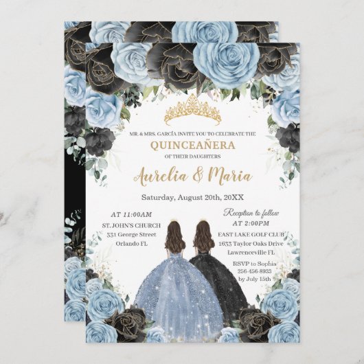 Baby Blue Black Floral Twins Gold Quinceañera XV Einladung (Vorne/Hinten)