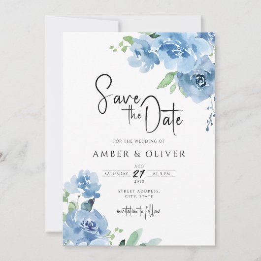 Baby Blue Blue Blue Floral Blätter Save the Date Einladung (Vorderseite)