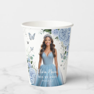 Baby Blue Blumen Quinceañera Sweet 16 Foto Pappbecher