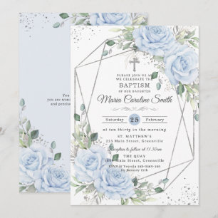 Baby Blue Blumen Silber Taufe Namensgebung Einladung