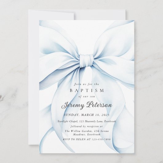 Baby Blue Bow Taufe Einladung (Vorderseite)