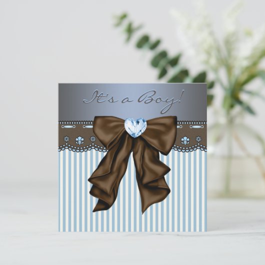 Baby Blue Brown Baby Boy Dusche Einladung (Stehend Vorderseite)
