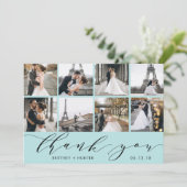 Baby Blue Calligraphy Script Foto Collage Dankeskarte (Stehend Vorderseite)