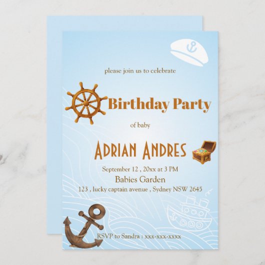 Baby Blue Captain Birthday Einladung (Vorne/Hinten)