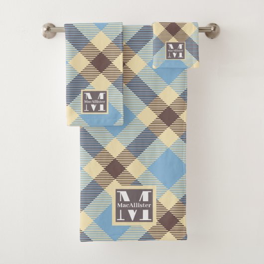 Baby Blue Creme Brown Retro Kariert Monogram Name Badhandtuch Set (Insitu)