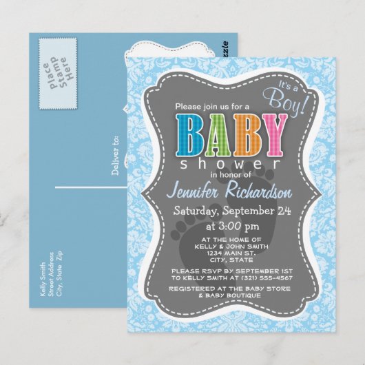 Baby Blue Damask Muster Postkarte (Vorne/Hinten)