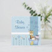 Baby Blue Dots Animals Blume Babydusche Einladung (Stehend Vorderseite)