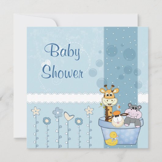Baby Blue Dots Animals Blume Babydusche Einladung (Vorderseite)