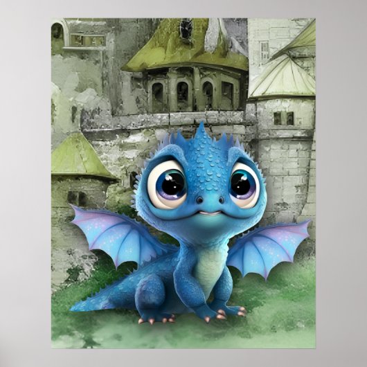 Baby Blue Dragon and Fantasy Mittelalterliche Burg Poster (Vorne)