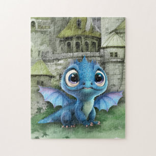Baby Blue Dragon and Fantasy Mittelalterliche Burg Puzzle