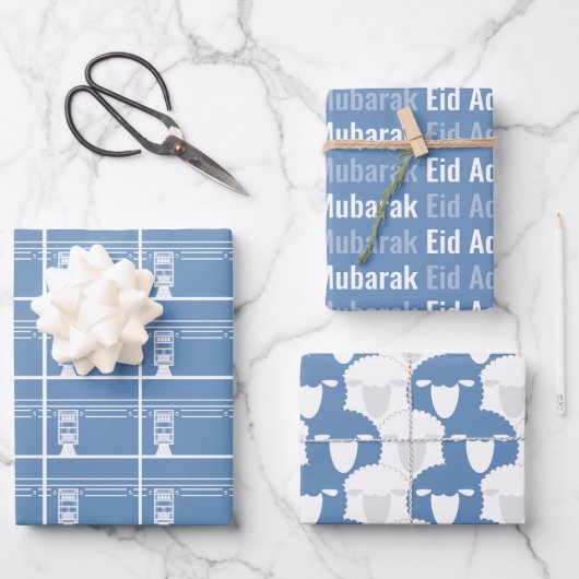 Baby Blue Eid Adha Mubarak Kaaba Sheep Pattern Geschenkpapier Set (Vorderseite)