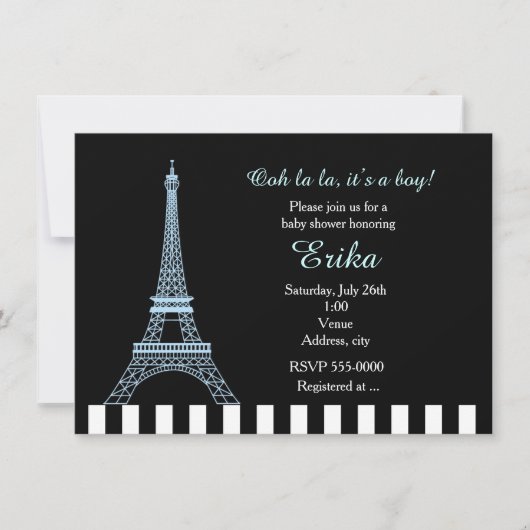 Baby Blue Eiffel Tower Paris Boy Dusche Einladung (Vorderseite)