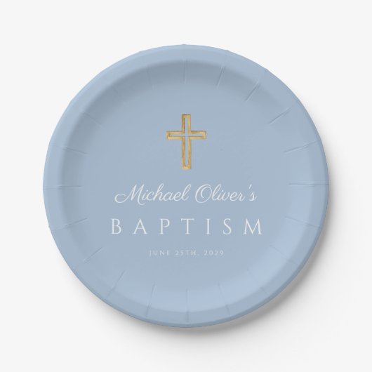 Baby Blue Elegant Religious Cross Boy Taufe Pappteller (Vorderseite)
