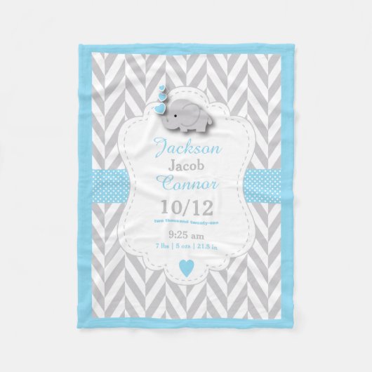 Baby Blue Elephant Birth Keepake Design Fleecedecke (Vorderseite)