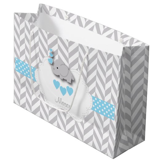 Baby Blue 🐘 Elephant Design 👶 Babydusche Große Geschenktüte (Vorderseite Schrägansicht)