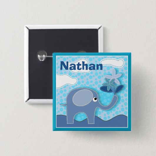 Baby Blue Elephant und Blume Personalisiert Kinder Button (Vorne & Hinten)